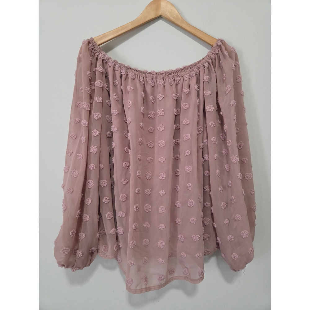 Miss‎ Sparkling Pink Swiss Dot Off The Shoulder Balloon Sleeve Blouse XL